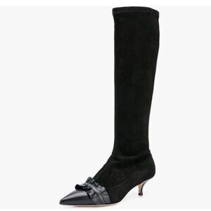 Black Women Elegant Knee High Long Boots Closed Toe Kitten Heels Ruffles Shoes